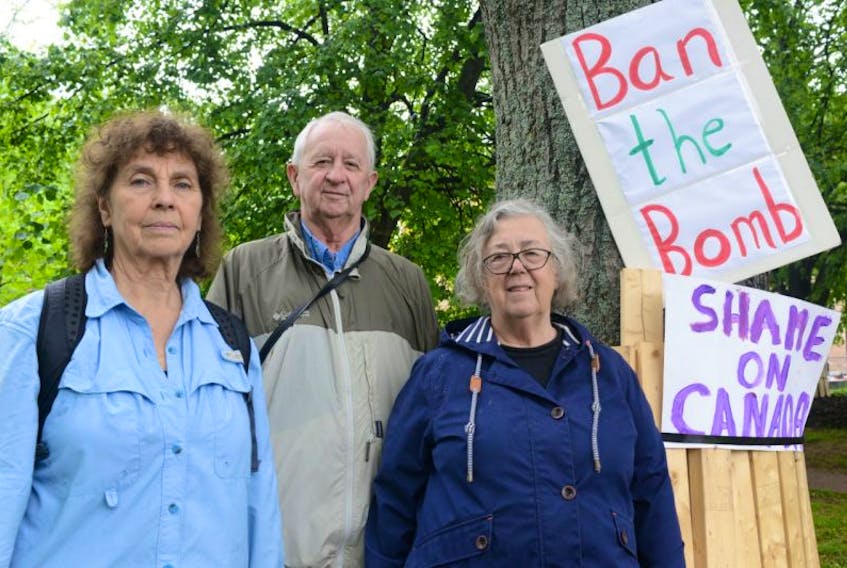 Island Peace Committee members, from left Deirdre Kessler, Phil Callaghan and Ann Sherman all spoke at a Charlottetown rally encouraging the United Nations to ban nuclear weapons. The rally was held in conjunction with a major women’s march outside of the UN in New York.