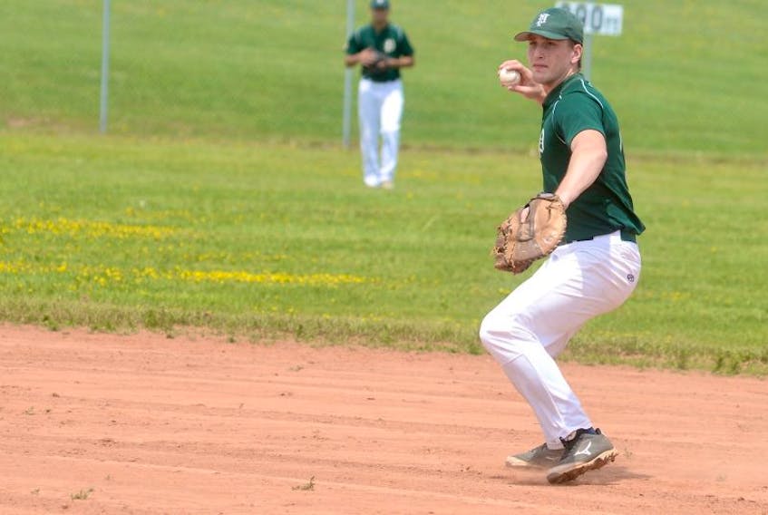Kyle Pinksen throws to first base for an out during junior baseball action in Stratford.