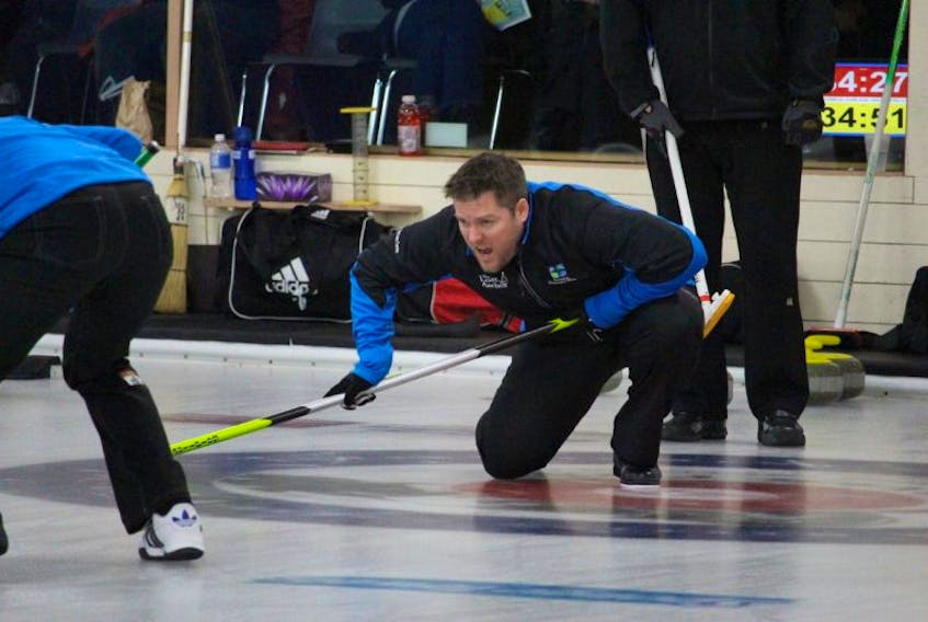 Skip Jamie Newson yells during their opening match of the P.E.I. Tankard Wednesday in Summerside. Competition continues until Sunday at the Silver Fox Curling and Yacht Community Complex in Summerside.
