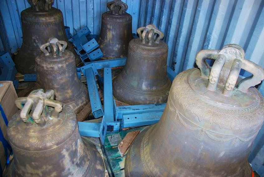 The bells of St. Dunstan’s Basilica are shown in Charlottetown in a shipping container. They will be set in place later this month and will soon be ringing out over Charlottetown again.