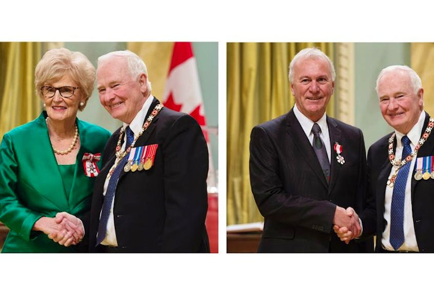 Catherine Callbeck from Central Bedeque, P.E.I., left, and Joseph Georges Arsenault of Charlottetown, in photo at right, are congratulated by Gov. Gen. David Johnston as they are each invested as a Member of the Order of Canada. The ceremony took place at Rideau Hall in Ottawa on Thursday.