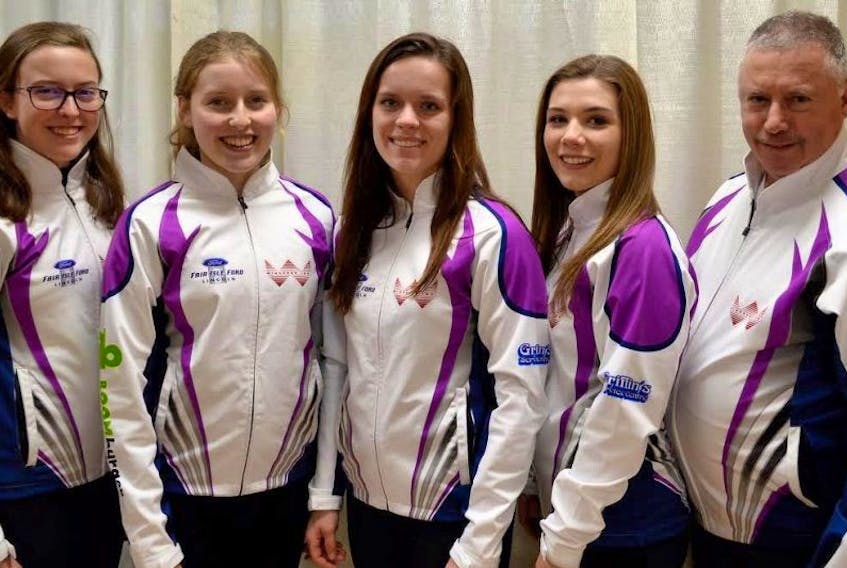 ['The Lauren Lenentine-skipped rink from the Cornwall Curling Club will represent Prince Edward Island at this week’s Canadian junior curling championship in Victoria, B.C. From left are Lenentine, third Kristie Rogers, second Breanne Burgoyne, lead Rachel O’Connor and coach Pat Quilty.']