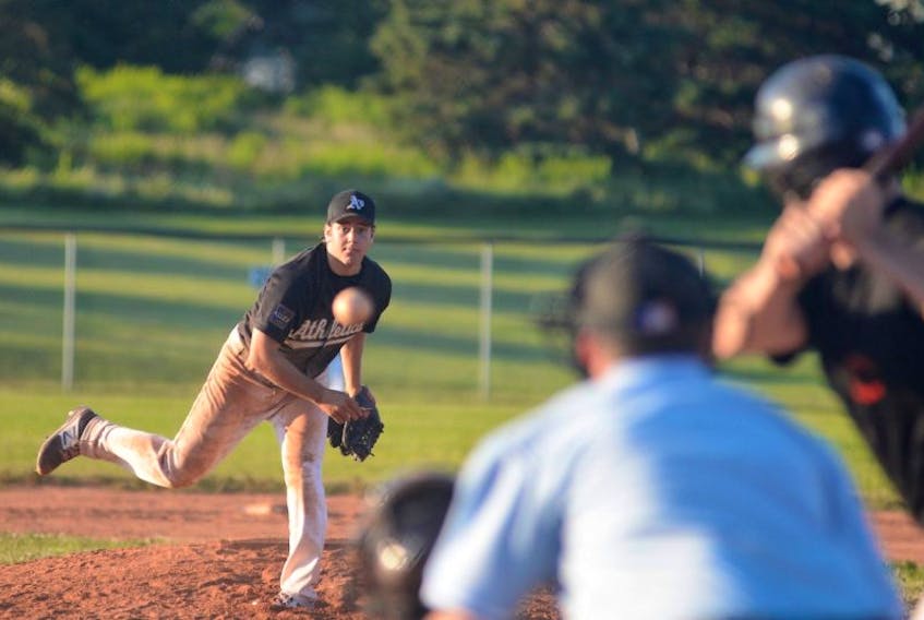 Jonny Arsenault, of the The Alley Stratford Athletics, throws a pitch Wednesday against the Morell Chevies during Kings County Baseball League action in Stratford.