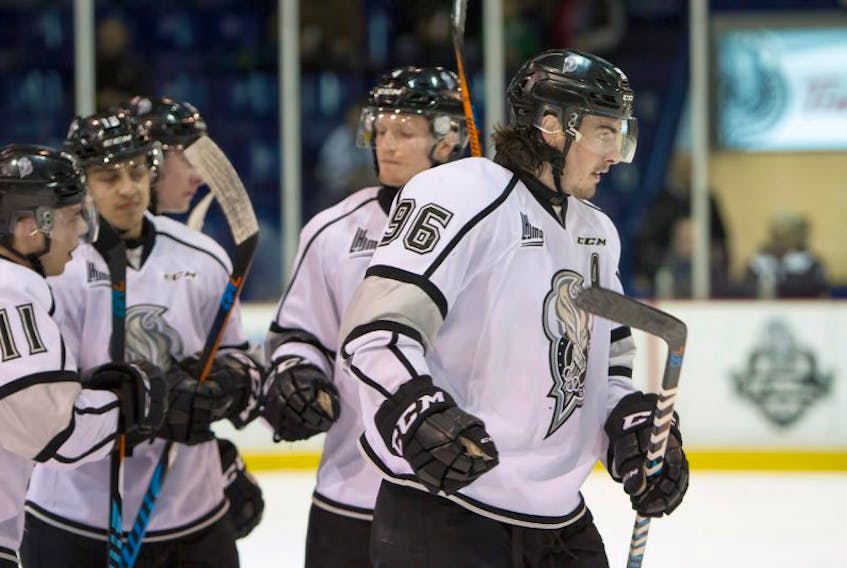 Zack MacEwen, right, is an assistant captain with the Gatineau Olympiques of the Quebec Major Junior Hockey League.