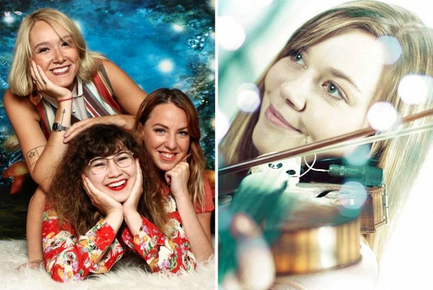 Katrine Noël, Vivianne Roy and Julie Aubé, who call themselves Les Hay Babies, left, and fiddler Cynthia MacLeod, will be among the performers Sunday night in Mont Carmel for the fourth performance in the Mont-Carmel Summer Concert Series.
