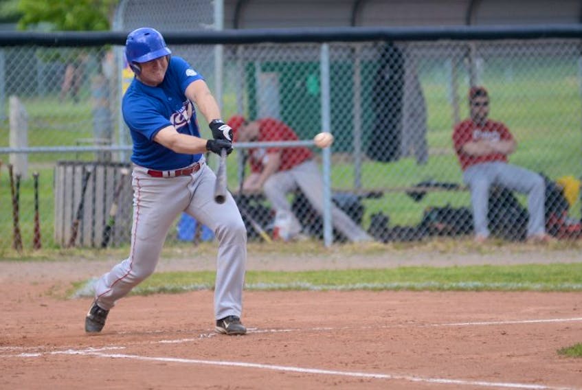 Charlottetown Jays first baseman Thane Arsenault drives a pitch into right field for a first-inning RBI single Wednesday at Memorial Field.