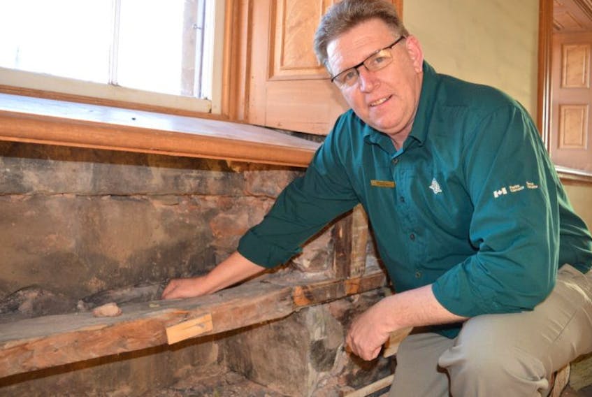 Greg Shaw, project leader with P.E.I. National Park, points out some of the exposed stone at Province House that is going to be removed and replaced with bricks during Phase 1 and Phase 2 in the renovation process. Renovations at Province House will be ongoing until March 2020.