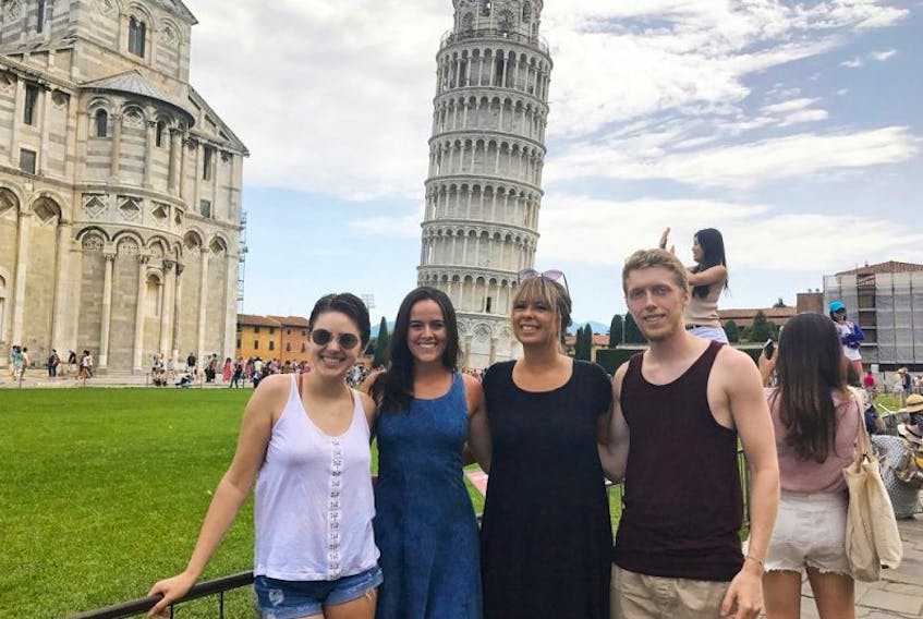 Hannah Bulger, (from left) Ellen Arsenault, Saralyn Williams and Major MacGregor standing in front of the Leaning Tower of Pisa. The four Summerside natives crossed paths in Italy working as au pairs.