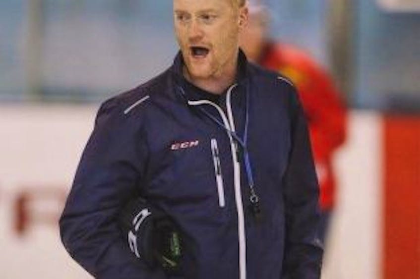 ['Gordie Dwyer is shown during a recent practice with HC Dinamo Minsk of the KHL.']