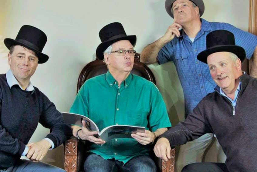 Dennis King, left, David Weale, Alan Buchanan and Gary Evans bring ‘The Four Tellers- Top Hats and Tall Tales’ to the Harbourfront Theatre stage Saturday night.
