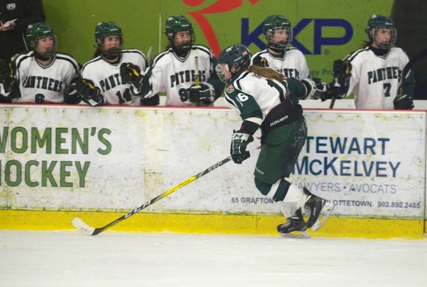 Jessie Brown celebrates her goal Saturday with her UPEI Panthers teammates.