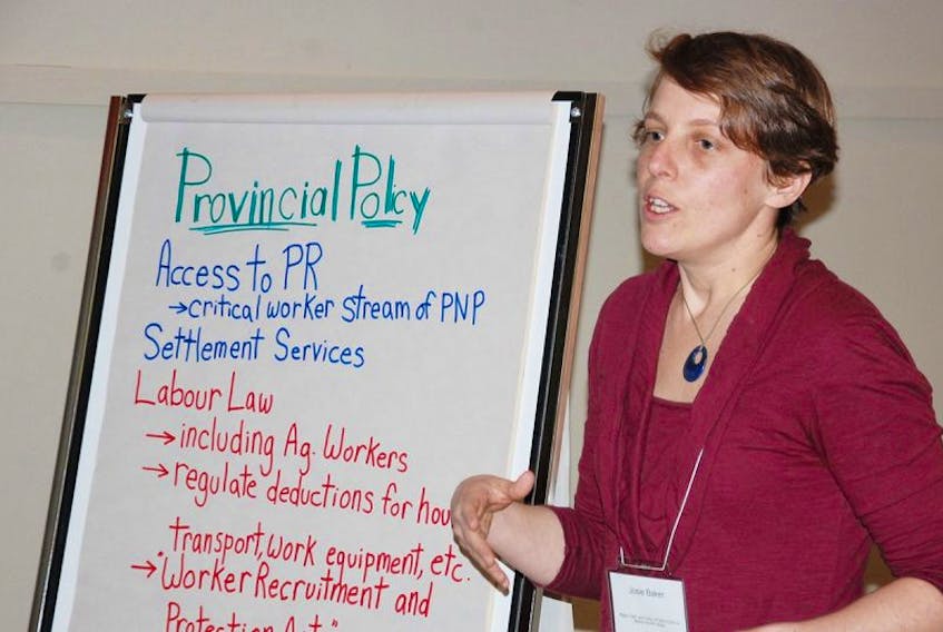 Josie Baker of Cooper Institute helped coordinate a public forum Monday in Charlottetown to explore how to advance the rights of migrant workers.