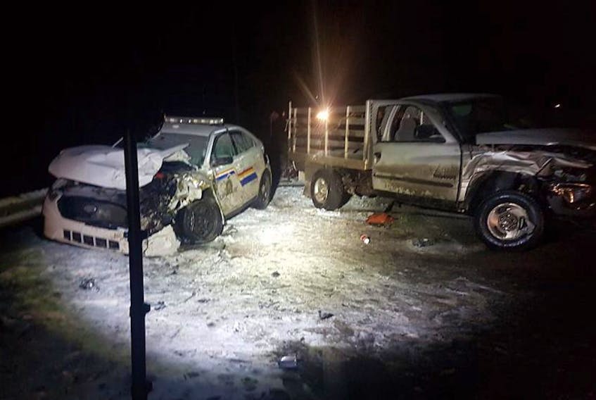 The RCMP on P.E.I. issued this photo of a crash scene between a patrol car and a pick-up truck on Route 2 near Carleton. It happened about 1:30 a.m. Tuesday, March 28 on what were described as slippery roads.