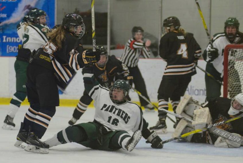 Jessie Brown celebrates her goal after giving the UPEI Panthers the lead with a second-period power-play goal on Saturday. The Panthers defeated the Dalhousie Tigers 2-1 in Atlantic University Sport women’s hockey.