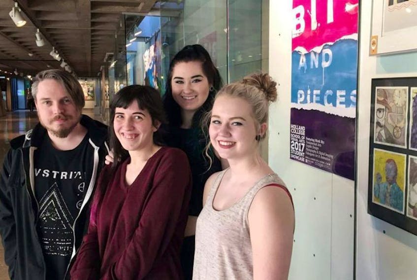 Will Gallant, left, Allison Wolvers, Paige Murphy and Jenna MacFarlane are shown at Confederation Centre Art Gallery, where they have work on display in Holland College’s School of Visual Arts exhibit, “Bits and Pieces”.