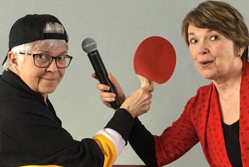 Nancy Beck, left and Pam Campbell show their playfulness in “Ping-Pong Sing-Song”.