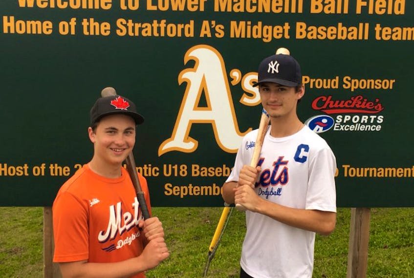 Shortstop Alex MacEachern, left, and third baseman Nick Steele of the host Stratford A’s are ready to welcome the baseball teams from three provinces for the Baseball Atlantic midget AA championship today through Sunday at MacNeill Field in Stratford. Games are also slated for Memorial Field in Charlottetown.