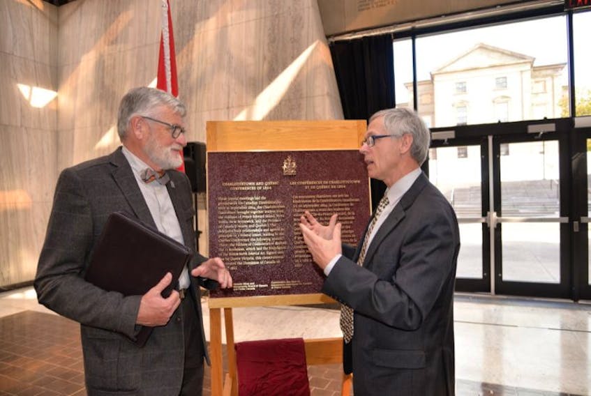 P.E.I. historians Harry Holman, left, and Ed MacDonald, spoke at Wednesday’s plaque unveiling to commemorate the Charlottetown and Quebec Conferences of 1864 that paved the way for Confederation. 