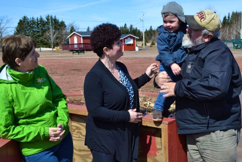 Kim Beaton, left, and Connie Bernard, members of the Alberton Skate Park committee chat with Alberton Mayor Michael Murphy and his grandson Kaden DesRoches, about a skate park that will be developed in town this year. A grant from the Canada 150 Community Infrastructure Program was the final piece of the puzzle to make the project happen.