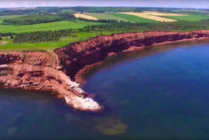 This screengrab of a YouTube video shows an aerial view of the high cliffs at Orby Head along Prince Edward Island’s north shore in the P.E.I. National Park. 
