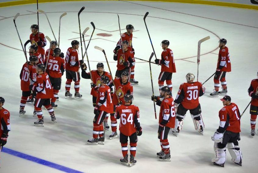 Ottawa Senators players salute P.E.I. fans at the conclusion of the Kraft Hockeyville 2017 NHL exhibition game Monday in Summerside. Dean Getson from the O’Leary Hockeyville committee, suggests it is difficult to place a dollar value on many of the benefits that comes from O’Leary’s Hockeyville win.