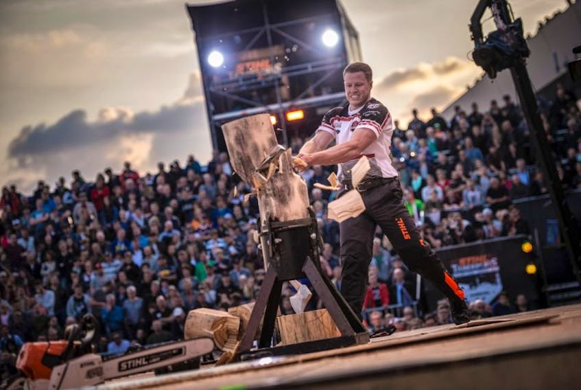 Stirling Hart of Canada competes in the standing block chop discipline during the Stihl Timbersports Champions Trophy at the Hamburg Cruise Center Altona in Hamburg, Germany on May 20, 2017.