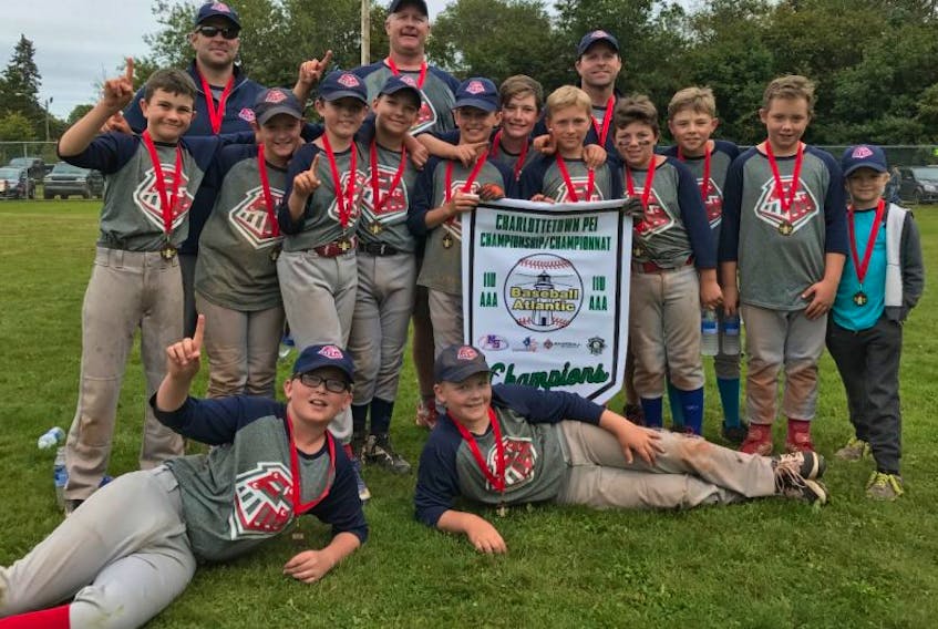 The Eastern Express Mosquito AAA team won the Atlantic Championships in Charlottetown Saturday. They went 3-1 and defeated the host team, Capitol District Islanders 10-5 in the championship game. Justin Smith was the winning pitcher for Eastern. Eastern won the Tip Off Tournament, the provincials and finished 14-3 in regular season. From left, front row, are Kaleb MacKenzie and Thomas MacEachern. Middle row, from left, are Drew MacDonald, Callum Thomson, Brae Johnston, Justin Smith, Tyson McGrath, Logan Gregory, Mason Power, Rowan Walker, Cayle Coffin, Ethan Lowe and batboy William Coffin. Back row, from left, are coaches, Jeff McGrath, Darren MacEachern and Josh Coffin.