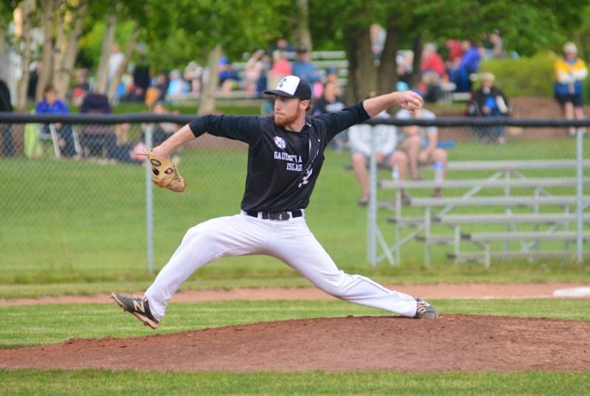 Charlottetown Gaudet’s Auto Body Islanders Brody McDonald throws a pitch during the 2016 senior baseball league season.