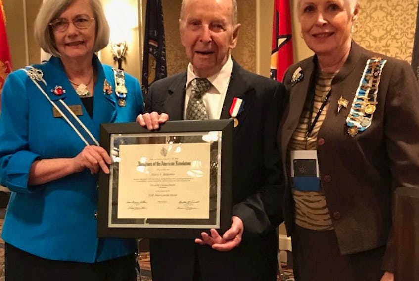 Alabama Society of Daughters of the American Revolution state regent Nancy Folk, left, is shown with Harry Benjamin and ASDAR chair Raylene Izak. 
