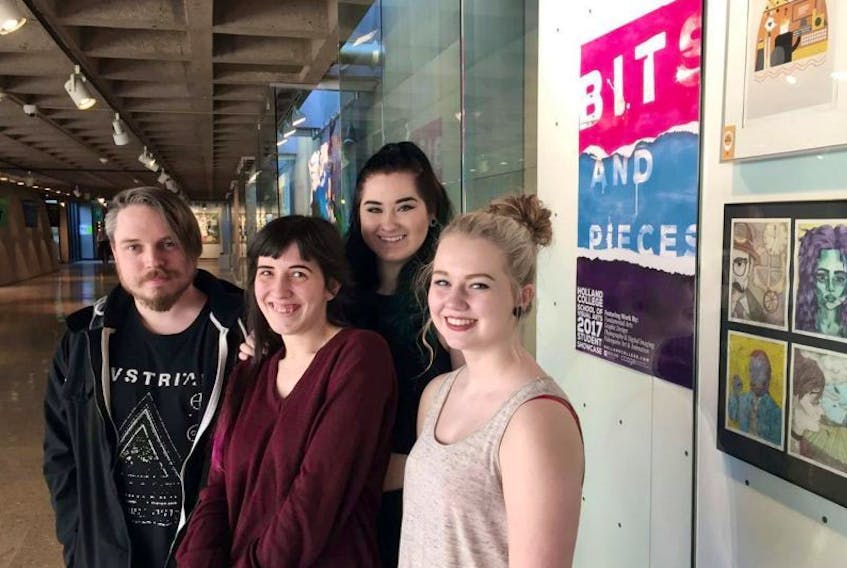 From left, Will Gallant, graphic design; Allison Wolvers, video game art and animation; Paige Murphy,  fundamental arts; and Jenna MacFarlane, photography and digital imaging are pictured at the Confederation Centre Art Gallery, where they all have work on display in Holland College’s school of visual arts exhibit “Bits and Pieces.” 