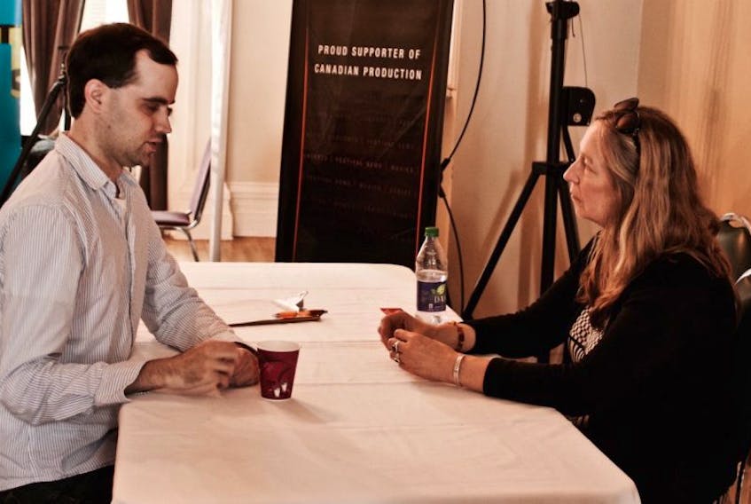 Donna Davies of Ruby Tree Films and Justin O'Hanley discuss future plans for their collaboration during the P.E.I. Screenwriters' Bootcamp 2016. 