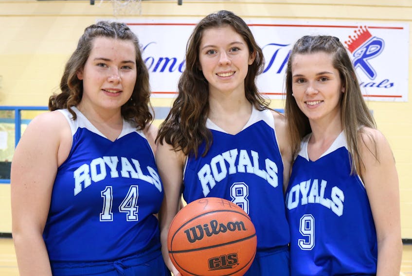 Jessica MacKinnon (left), Lauren Lowther and Charleigh Clarke are captains of the Dr. John Hugh Gillis Regional Royals Division 1 girls’ basketball team. The program will host the annual Mabel Arsenault Memorial Robertson Electrical Classic this weekend – Nov. 30 and Dec. 1 – at the Regional gym. Contributed