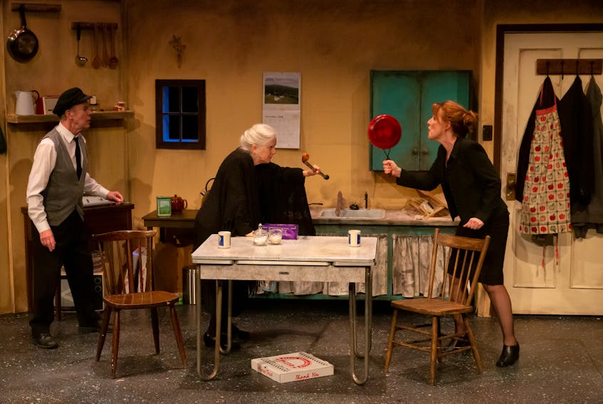 Vince Carlin, Kathleen Sheehy and Christy MacRae-Ziss are shown in Lost & Found Theatre's 2019 production of “Outside Mullingar.” The cast and director of this production will reunite for Theatre Baddeck's 2020 production in June and July. CONTRIBUTED PHOTO/TOM VOGEL 
