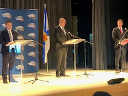 Randy Delorey, Labi Kousoulis and Iain Rankin make their pitches to be the next Liberal leader and premier of Nova Scotia at a candidates debate at Pier 21 in Halifax on Thursday, Nov. 19. Halifax Chamber of Commerce