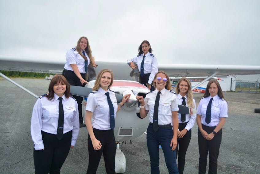The Gander Flight Training flight school is doing its part to get more women into the aviation industry as pilots. Shown here are several of the school’s female representatives. They are (from left), back row: Shannon Murphy and Chantel Gould; front row: Taylor Hefferan, Lauren Kattenbusch, Victoria MacKenzie, Courtney Trimm and Paulina Stagg. — Nick Mercer/SalWire Network