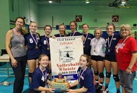 The Bible Hill Huskies won the 43rd edition of the M.E. Callaghan Girls Volleyball Classic recently. The Huskies defeated the Queen Charlotte Coyotes from Charlottetown 2-0 (25-9, 25-21) in the championship match. Members of the Huskies are, front row, from left: Julia Cameron and Olivia Robar. Back row: Tari Krzywonos (assistant coach), Zoey Russell, Kristen Weir, Maureen O’Connor, Danielle Krzywonos, Keira MacCallum, Lily Oakley, Fayth Payson and Jolayne MacKenzie (coach).