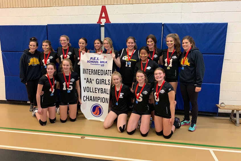 The Queen Charlotte Coyotes won the P.E.I. School Athletic Association Intermediate AA Girls Volleyball League championship in Cornwall recently. The Coyotes edged the Kensington Torchettes in the gold-medal match 3-2 (22-25, 25-20, 16-25, 25-14, 15-11). Members of the Coyotes are, front row, from left: Maggie Campbell, Sara Jo Hanlon, Jaime Jenkins, Anna Compton and Allie Cullingworth. Back row: Stephanie Duffy (coach), Ava Hodder, Hannah Brown, Eve Lawless, Victoria Zakem, Alice Dorsey, Ella Condon, Mainu Lawt, Ava Tweedy, Chloe Jeffrey and Michelle MacDonald (coach).