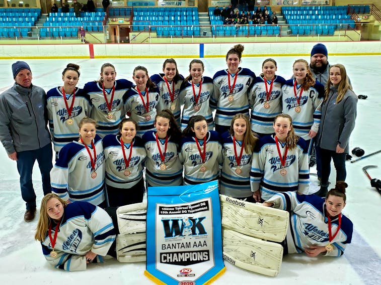 The Western Wind won the Bantam AA Division of the DQ female hockey tournament in New Brunswick on Sunday. Team members are, front row, from left: Courtney Silliker and Cyriah Richard. Second row: Molly MacInnis, Hallie Sweet, Molly-Kate McInnis, Kristyn Taylor, Heidi Arsenault and Avery Noye. Back row: Kyle Fraser (coach), Gracie Greenan, Amelia DesRoche, Ella Collins, Kailyn Gallant, Hailey Williams, Erin Rennie, Isabelle Richards, Beccah Fraser, Will O’Brien (assistant coach) and Hayden Pridham (assistant coach).