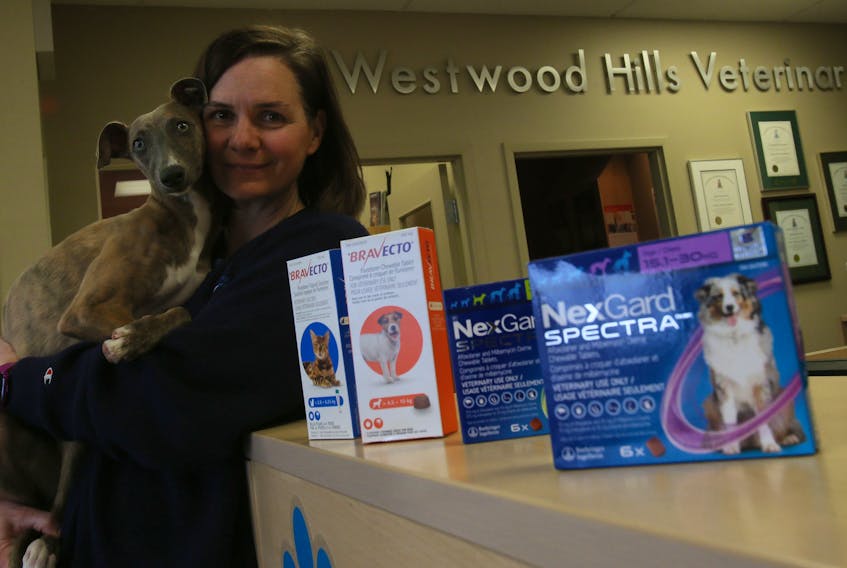 Dr. Jane Corkum and one of her patients, Pepper, are seen with some various tick medicines at her Westwood clinic in Upper Tantallon on Tuesday.
TIM KROCHAk/ The Chronicle Herald 