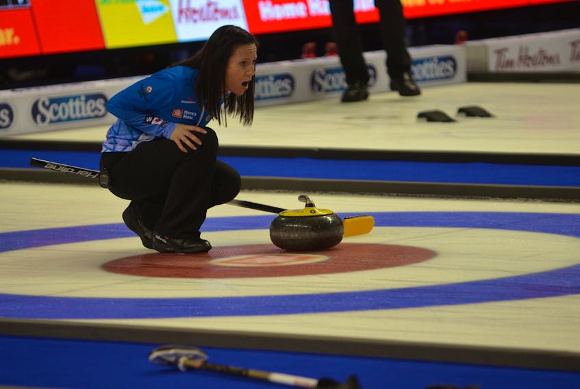 Julie Tippin and her rink from Woodstock, Ont., is one of several teams in contention for a women’s playoff spot at the 2017 Home Hardware Road to the Roar Pre-Trials curling event at Eastlink Arena. Jason Simmonds/Journal Pioneer