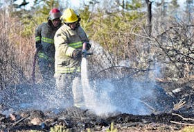 Firefighters spray water onto the ground after a March 23 brush fire on the Hardwood Hills Road on Melbourne got out of control. TINA COMEAU PHOTO
