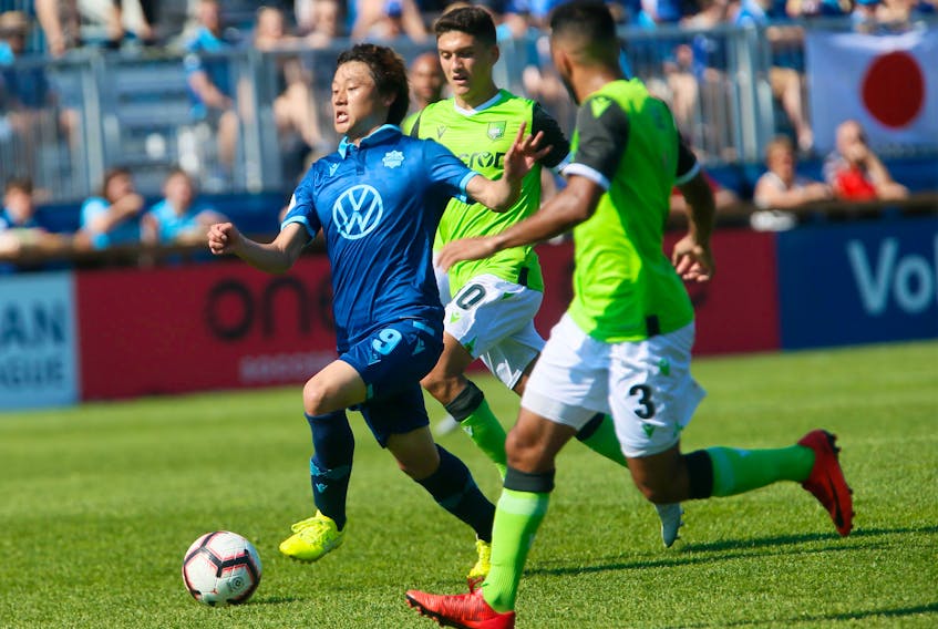 Kodai Iida of the HFX Wanderers streaks up the field between York9 FC defenders Manuel Aparicio and Morey Doner during Canadian Premier League action Saturday at the Wanderers Grounds. TIM KROCHAK / The Chronicle Herald.