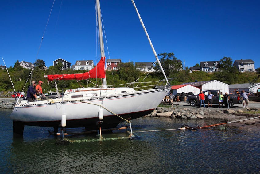 Hocus Pocus is pulled out of the water at the Shearwater Yacht Club on Thursday, Sept. 5, 2019. Boat owners were taking precautions for exposed boats, as hurricane Dorian tracks towards Nova Scotia. One boat owner remarked, “ Here’s one thing about the sea, boys. I will tell you right now, because, whatever you do wrong in a storm, you will find out, guaranteed.”