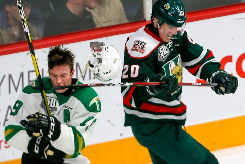 Halifax Mooseheads defenceman Justin Barron gets his stick up on Val-d'Or Foreurs forward Julien Tessier during Saturday's QMJHL game at the Scotiabank Centre. (TIM KROCHAK/CHRONICLE HERALD)