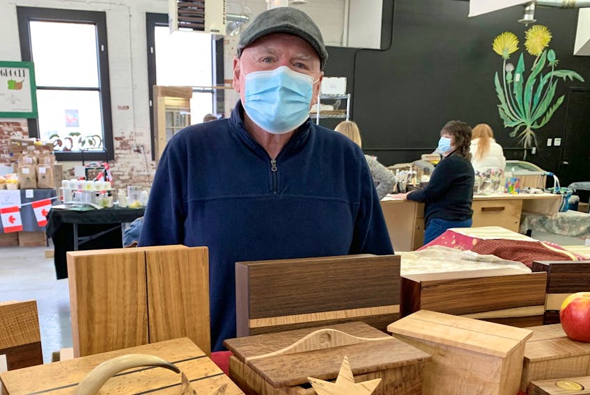 Ron Laking, of StickWorks, has been a regular vendor at the Truro Farmers’ Market for the past seven years. He sells a variety of handmade wooden products, including boxes, urns, candle holders, and walking sticks. - Joey Smith/Colchester Wire - Joey Smith/Colchester Wire