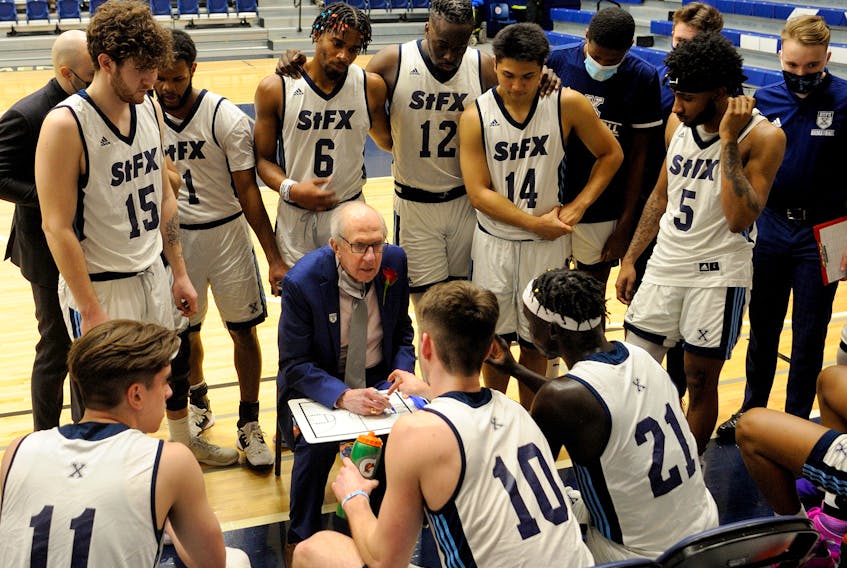 St. F.X. coach Steve Konchalski instructs his players during his final game on March 6 against the Acadia Axemen. Konchalski, the winningest coach in U SPORTS history, will retire at the end of March after a legendary 46-year career.  BRYAN KENNEDY/ST. F.X. ATHLETICS