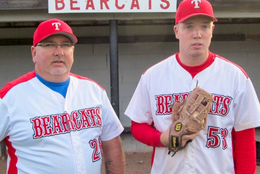 Coach Gordie LeBlanc, left and outfielder Mitchell LeBlanc are with Truro D&D Bookkeeping Bearcats, who play in Shelburne County this weekend.