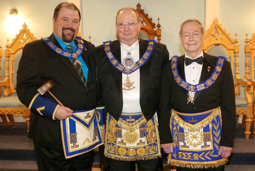 Three members of the Masonic Truro Lodge 43, from left, John Inch, ruling master; George O’Leary, grand master for Nova Scotia; and Charlie MacKinley, grand director of ceremonies, dressed for a meeting.