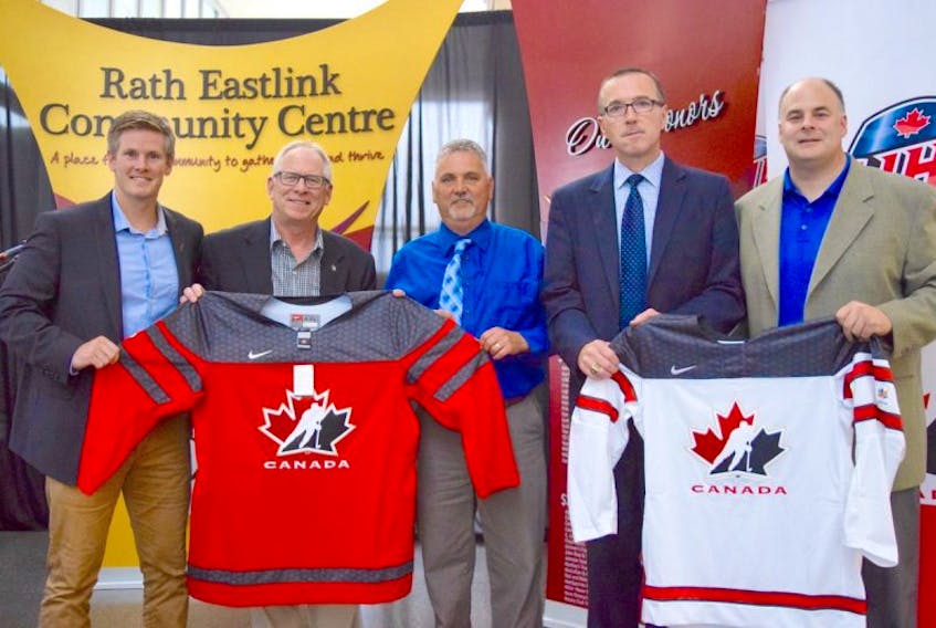 Truro will host the world junior A hockey challenge for the first time in December. During a press conference on Thursday, the coaching staff for Canada East was named, along with the pre-tournament schedule. From left, Matt Moore, general manager of the RECC; Bill Schurman, director of recreation for Amherst, Steve Lindsay, athletic therapist for the Truro Bearcats/ equipment manager for Canada East, Shawn Evans, GM and head coach of the Bearcats/associate coach for Canada East, and Dave Ritcey, local organizing committee chairman for the RECC.
