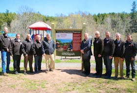Kinsmen recently got together to check out the new sign at the Victoria Park playground. The club has been supporting the playground since 1952. Gathered around the sign are, from left, James Faulkner, Andrew St Coeur, Quinn McCarthy, Truro Mayor Bill Mills, Kin Canada President James Doerr, John Spears, David Gillis, Bible Hill Kinsmen President Peter Taylor and Geoff Hamlin.